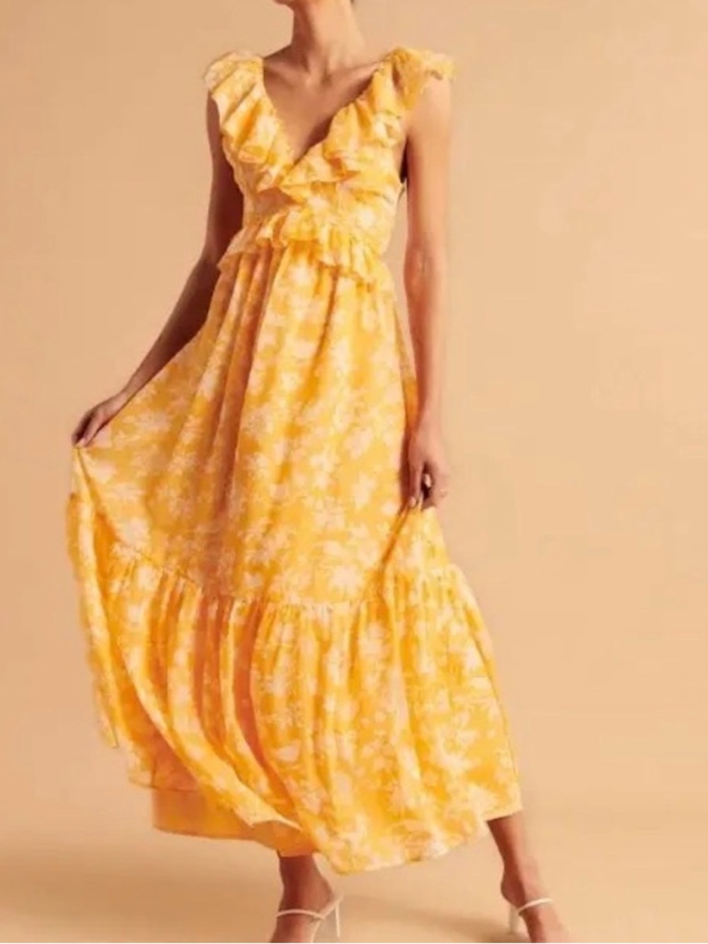 Abercrombie & Fitch Yellow Orange Floral Ruffle-Trim Maxi Dress